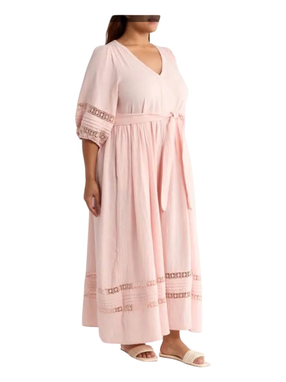 Caslon Pink Cotton Gauze Maxi Dress Puff Sleeve Crochet Lace Pintuck XL NWT - Picture 2 of 16